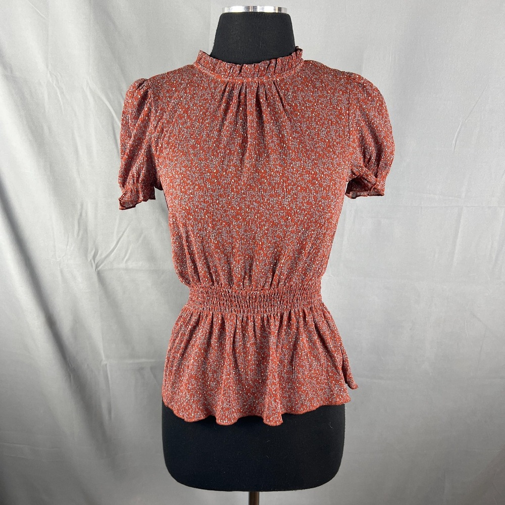 Monteau Los Angeles Blouse Top Womens S Burnt Orange Floral Smocked Puff Sleeve